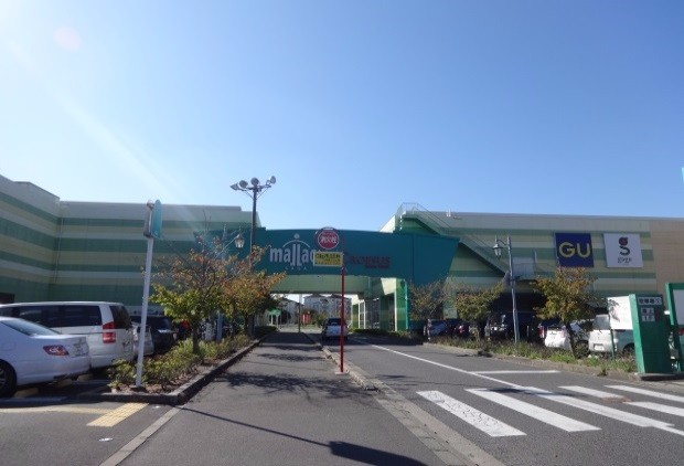 青く澄み渡る秋晴れの空の下、大型ショッピングモールの駐車場入口付近から、店舗のロゴマークが掲げられた建物正面の通路を通り抜け、奥の道路へ向かって続く真っ直ぐに進む道並みを、駐車された多くの車両とともに捉えた写真