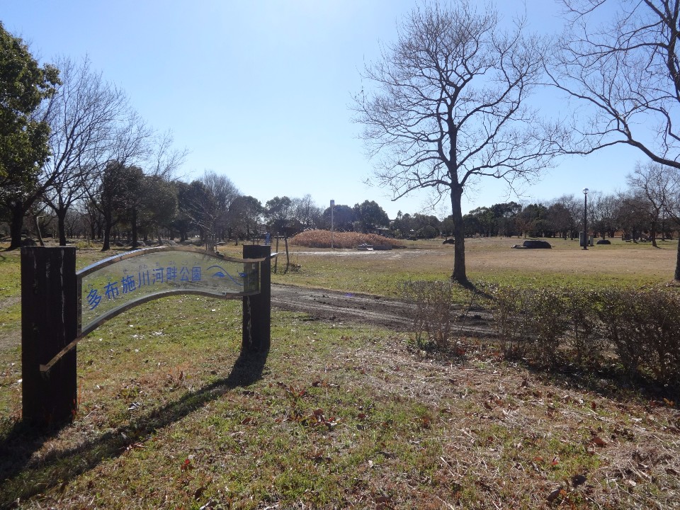 青空の下、手前に「多布施川河畔公園」と書かれた看板があり、奥には広々とした芝生広場や葉の落ちた木々が広がる、穏やかな冬の日の風景を写した写真