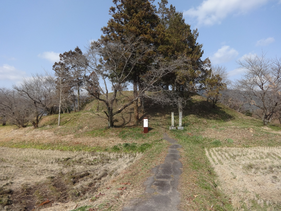 青空の下、刈り取られた後の田畑の間に細い舗装路が続き、その先に木々が茂るこんもりとした小高い丘があり、手前には白い看板や石碑が並んで立っている歴史的な史跡である金立銚子塚古墳の全景を捉えた写真