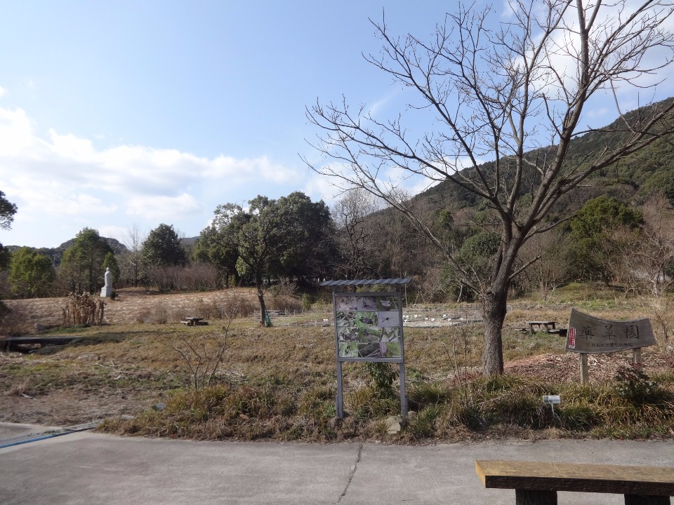 青空の下、なだらかな山の斜面を背景に広々とした草地が広がり、手前には写真付きの解説パネルや「薬草園」と刻まれた木製の看板、さらに奥には白い石像やベンチが設置された、自然豊かな園内の風景を捉えた写真