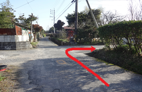 左側にブロック塀やトタン壁の建物があり、右側に生け垣が続く未舗装に近い細い路地を進み、前方の交差点を右折するルートが赤い矢印で示された、民家が点在するのどかな風景の中の移動経路を案内する写真
