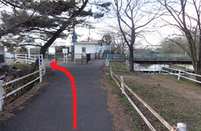 冬の静かな川沿いの遊歩道を捉えており、手前から奥へと続くアスファルトの道が左側の大きな木々の下を通り抜けて左方向へと曲がる経路を、太い赤い矢印で示している写真