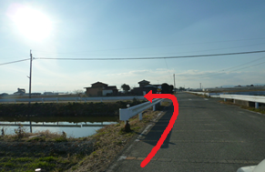 強い逆光の中、田園地帯ののどかな風景を背景に、左側に水路と白いガードレールが続く直線道路において、手前から奥へと進み、前方の交差点を左折して民家が並ぶエリアへと向かうルートを赤い矢印で示した写真