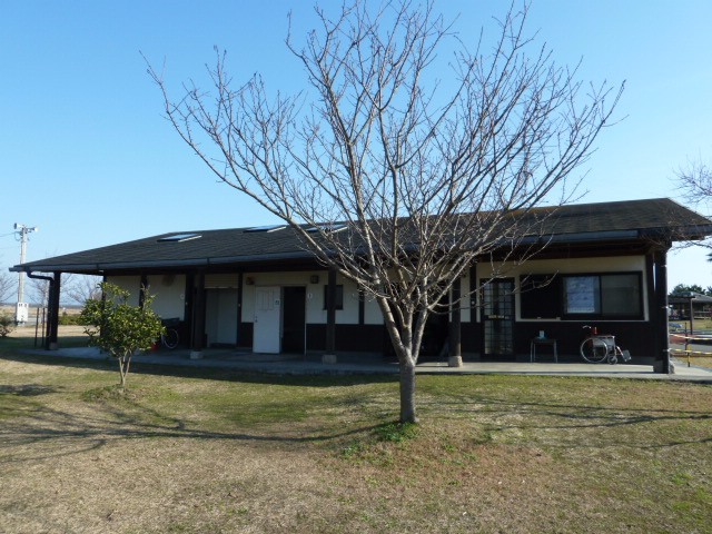 青空の下、芝生の広場に建つ平屋の建物で、軒下には車椅子が置かれ、手前には葉を落とした大きな落葉樹と小さな常緑樹が植えられており、穏やかな日差しが差し込む公園内のトイレの写真