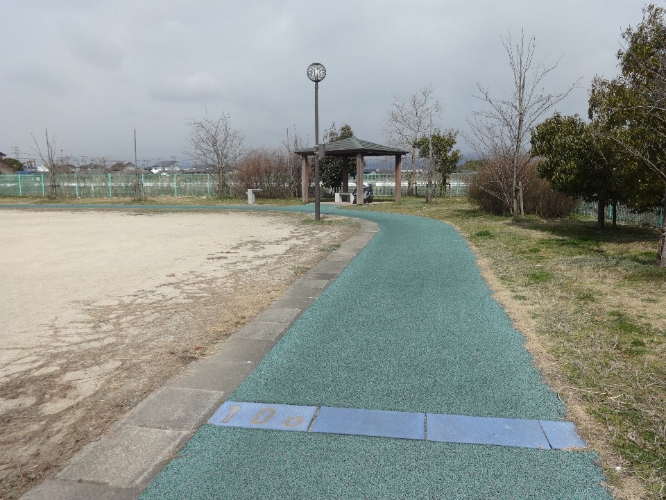 薄曇りの空の下、手前に「100」と書かれた青いラインがある緑色の舗装路が奥の東屋へと続き、左側に広がる砂地の広場と右側に点在する木々を捉えた公園内の静かな風景写真