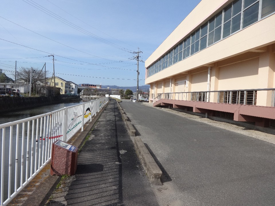 川に沿って設置された白いフェンス付きの遊歩道が奥へと続き、左手前の路肩には「ギンヤンマ」の解説と「起点より800メートル」と記された石造りの案内プレートが設置され、右側に大きな薄オレンジ色の建物が隣接する屋外の風景を捉えた写真