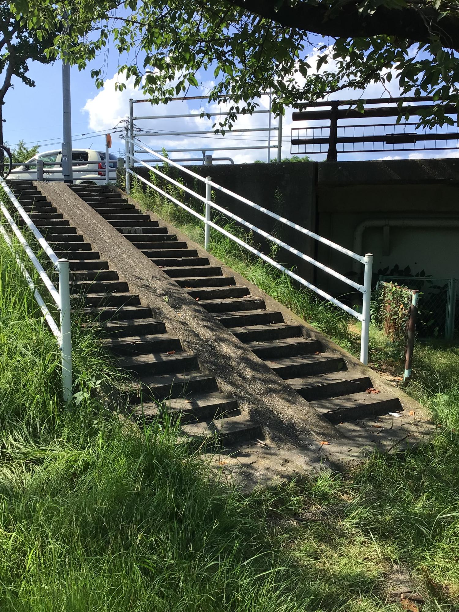 道路脇の斜面に設けられた、中央にスロープを併設するコンクリート造りの階段があり、両脇には白い手すりが続き、上った先にはガードレールや通り過ぎる車の姿が見える写真