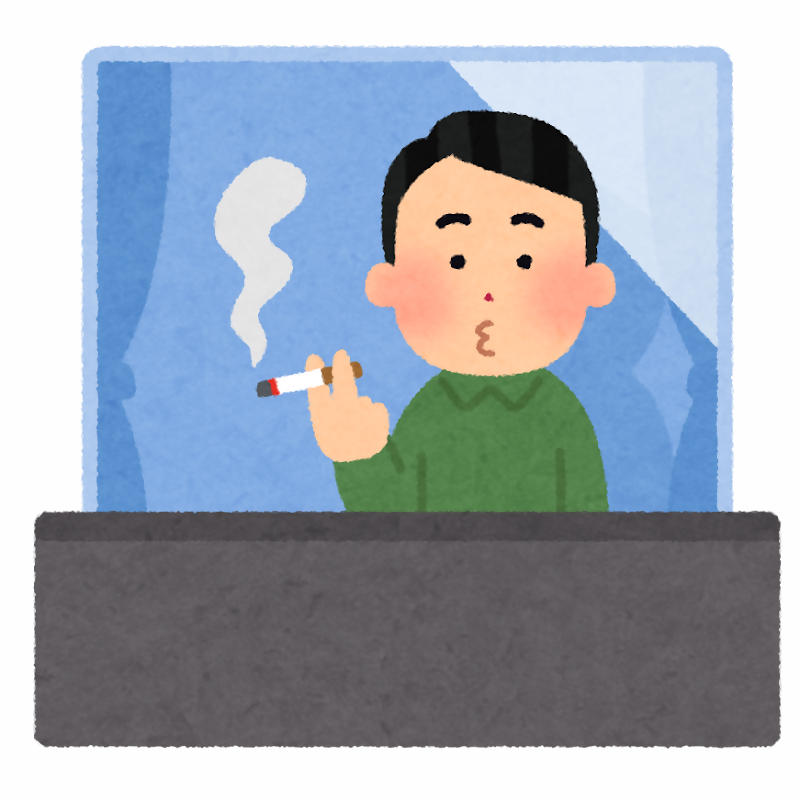 ベランダで緑色の服を着た人物がタバコを手に持ち、煙が立ち上っている様子を描いた喫煙シーンのイラスト