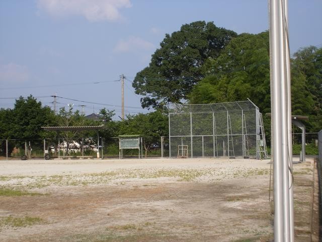 青空の下、バックネットや得点板、ベンチが設置された土のグラウンドが広がり、周囲を豊かな木々の緑に囲まれた、春日運動広場の写真