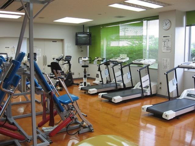 明るい照明の下、光沢のある木目調のフロアにランニングマシンやエアロバイク、筋力トレーニング用の器具が整然と並び、緑色のブラインドが下ろされた窓際まで活用されている屋内トレーニングルームの写真