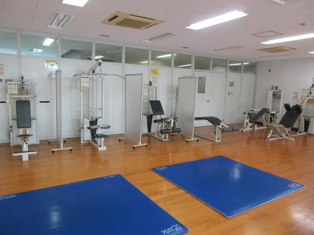 明るい木目調の床に青いストレッチマットが2枚敷かれ、奥の白い壁沿いには複数のトレーニングマシンやパーテーションが並ぶ、清潔感のある屋内トレーニングルームの様子を撮影した写真