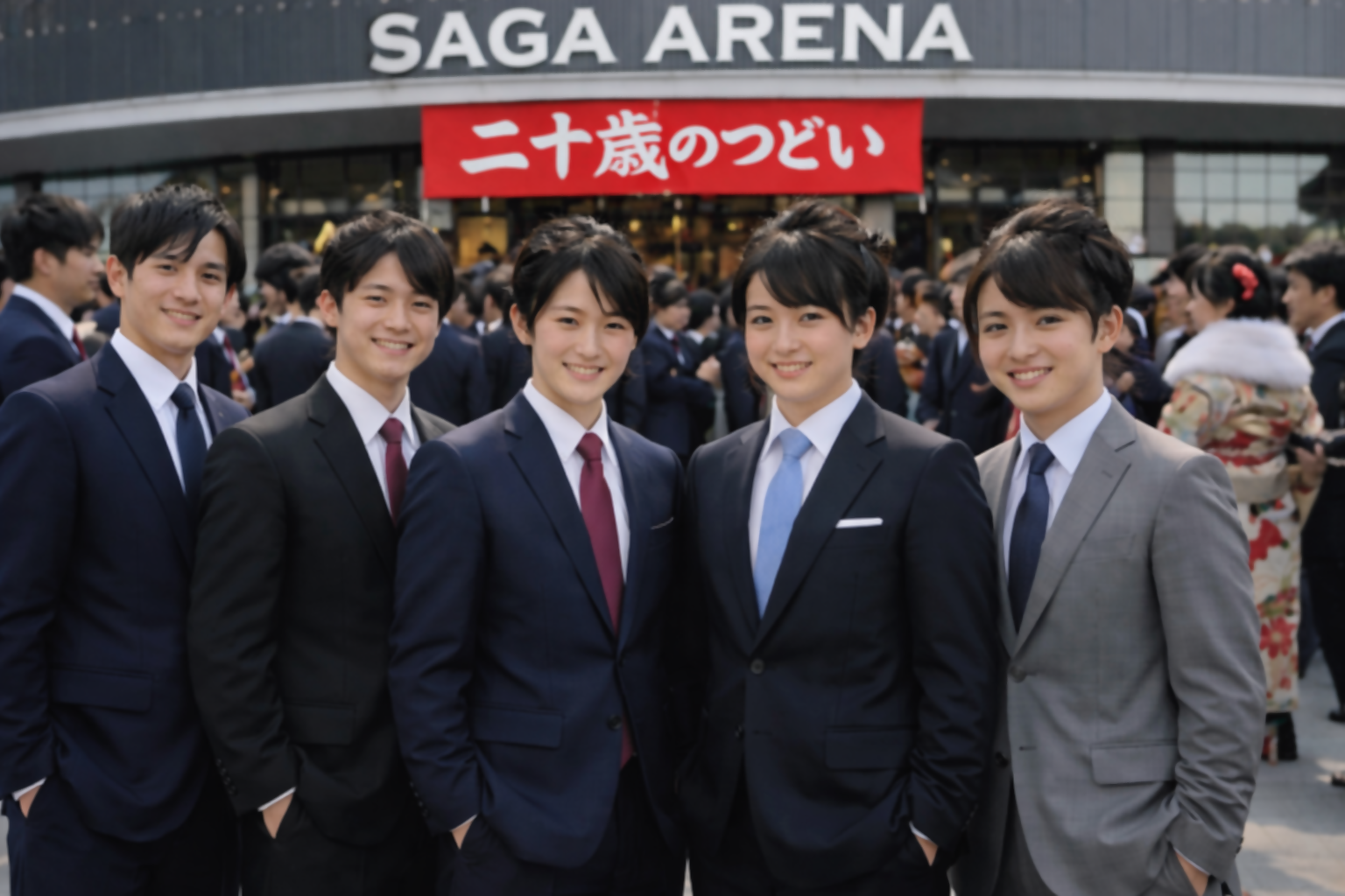サガアリーナの前でスーツt姿の男性たちが笑っている
