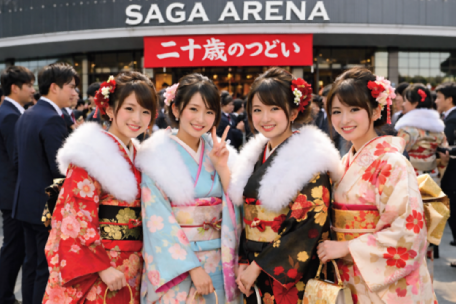サガアリーナの前で振り袖姿の女性たちが笑っている