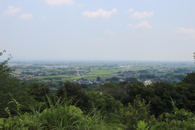 丘の上から広がる景色に緑豊かな森林越しの田畑や住宅地が遠方まで広がり、柔らかな雲が浮かぶ空とともに穏やかな眺望を捉えた写真