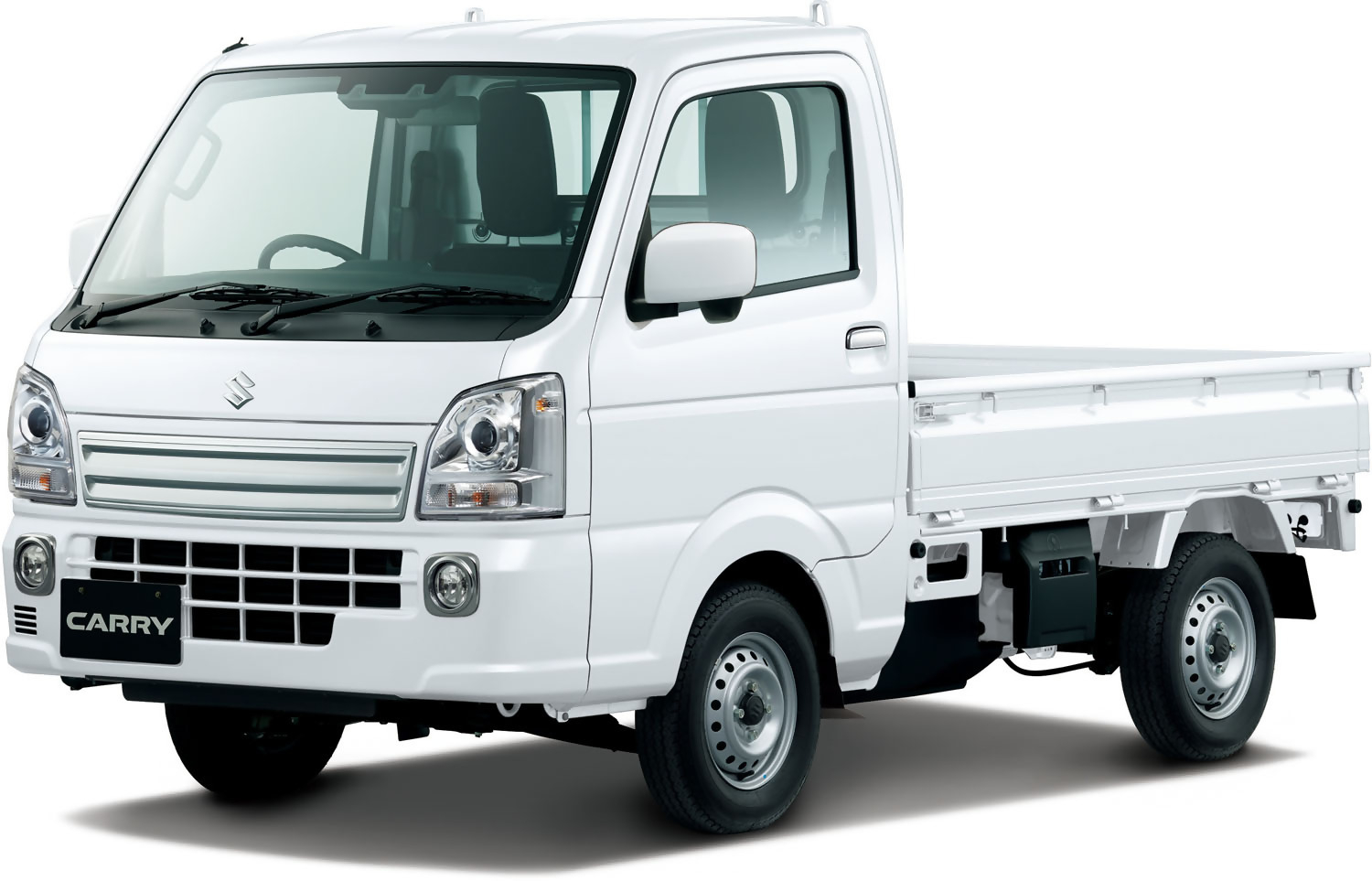 白を基調としたスズキの軽トラック「キャリイ」の車両全体を斜め前方から写した写真